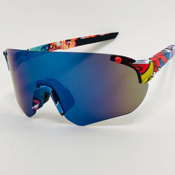 Sports Sunglasses Blue Mirror Lens Shield Beach Shades Cover Face Print Arms New - Picture 2 of 3
